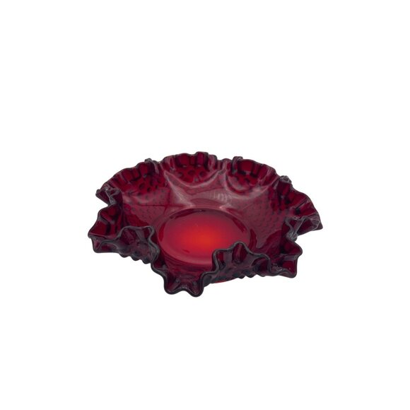 Fenton Glass Ruby Red Hobnail Ruffled Candy Dish 8 in